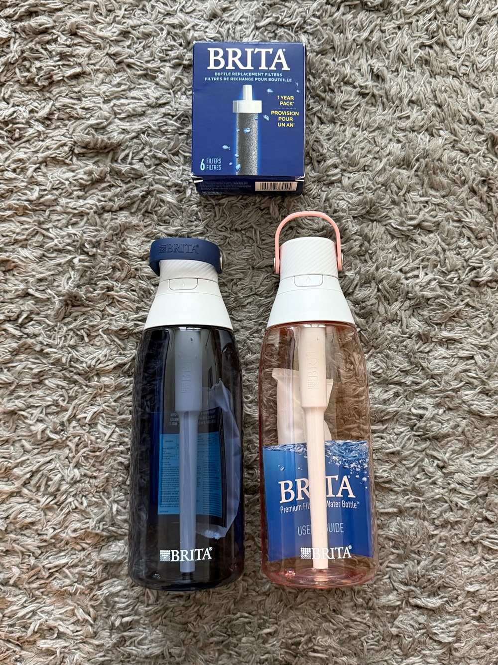 BRITA Portable Filter Bottles in Blue and Pink with Replacement Filters